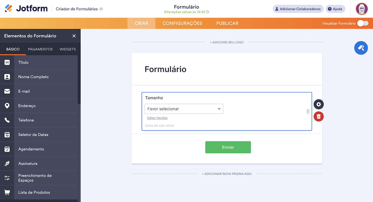 Adicionando detalhes do pedido de camisetas no Criador de Formulários Jotform
