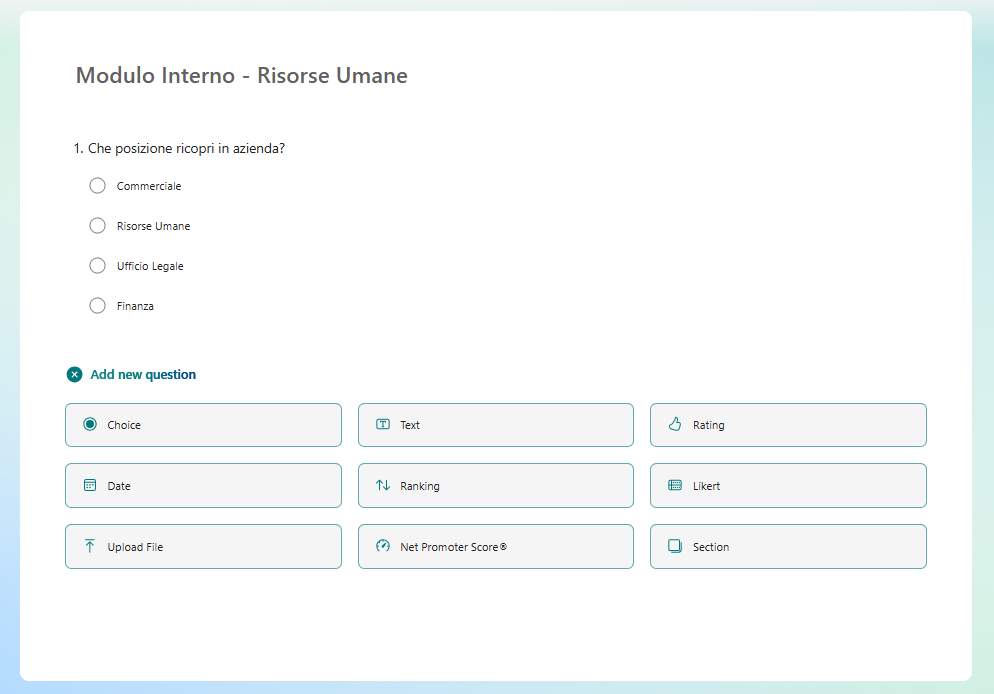 Screenshot che mostra il creatore di moduli di Microsoft Forms