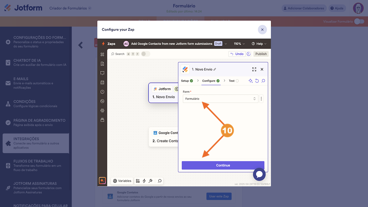 Selecionando o formulário no Zap
