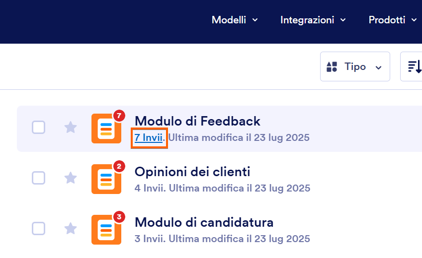Screenshot che evidenzia il pulsante Invii sotto al titolo del modulo nella Pagina Il Mio Workspace di Jotform