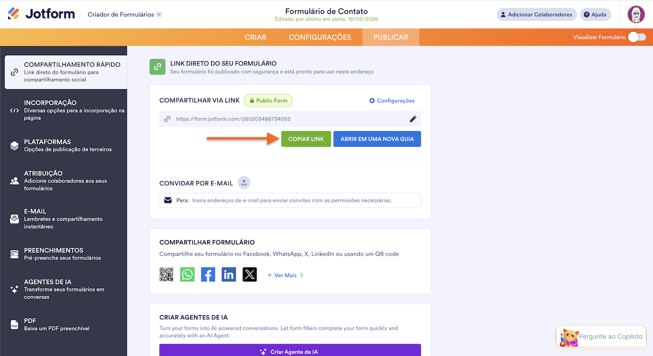 Página "Publicar" do Jotform, com o botão "Copiar Link" destacado na seção de compartilhamento via link