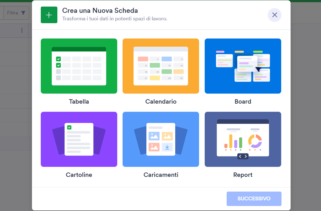 Screenshot che mostra il popup Crea una Nuova Scheda su Tabelle