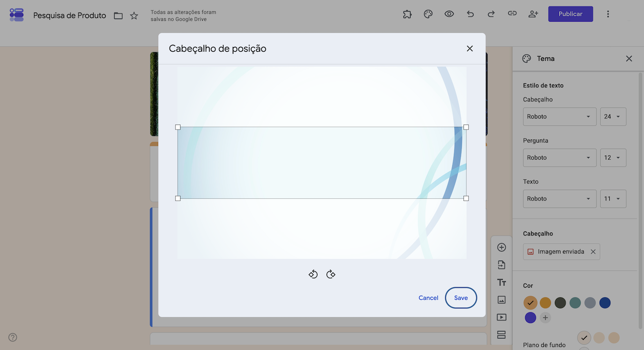 Janela de ajuste do cabeçalho no Formulários Google, permitindo reposicionar a imagem antes de salvá-la