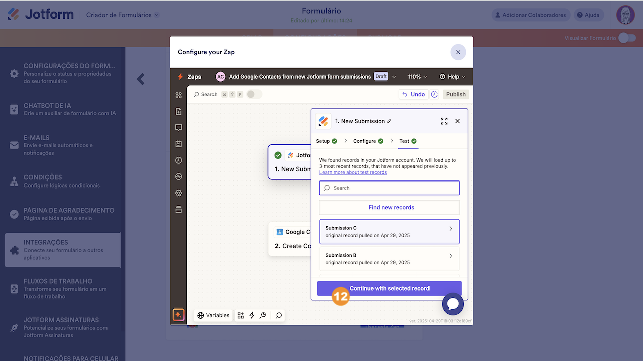Prosseguindo com o teste