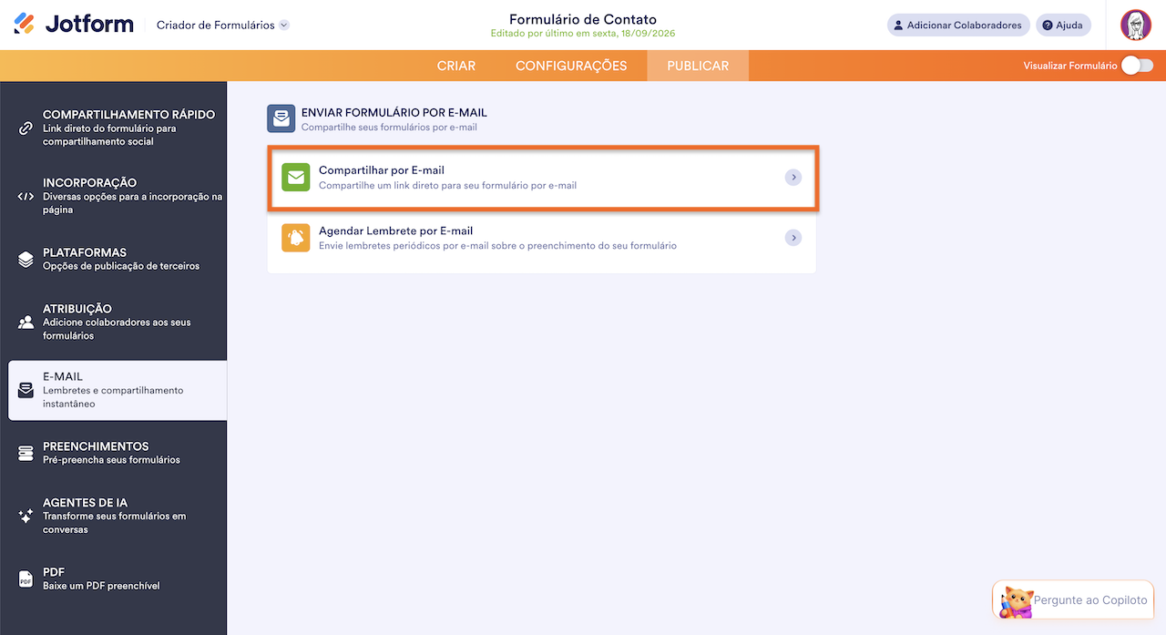 Página "Publicar" do Jotform, com a opção "Compartilhar por E-mail" destacada na seção de envio de formulários por e-mail