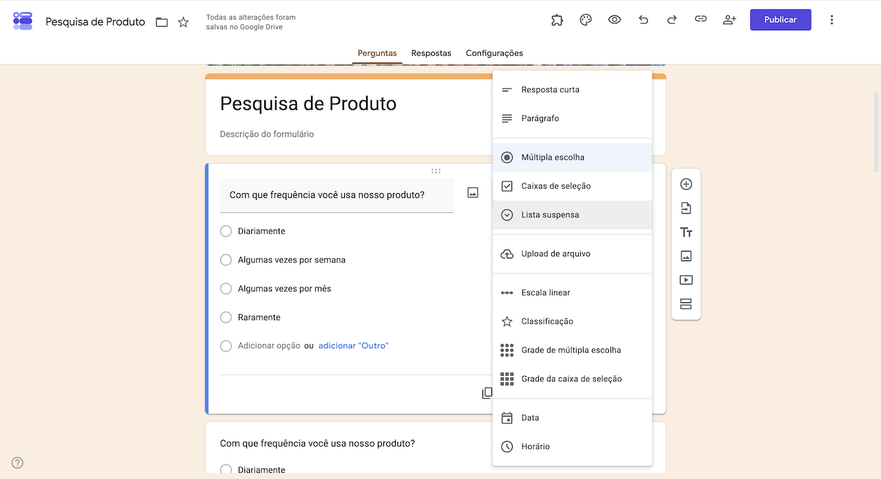 Menu de tipos de pergunta do Formulários Google, com opções como múltipla escolha, caixas de seleção, lista suspensa, escala linear e outras