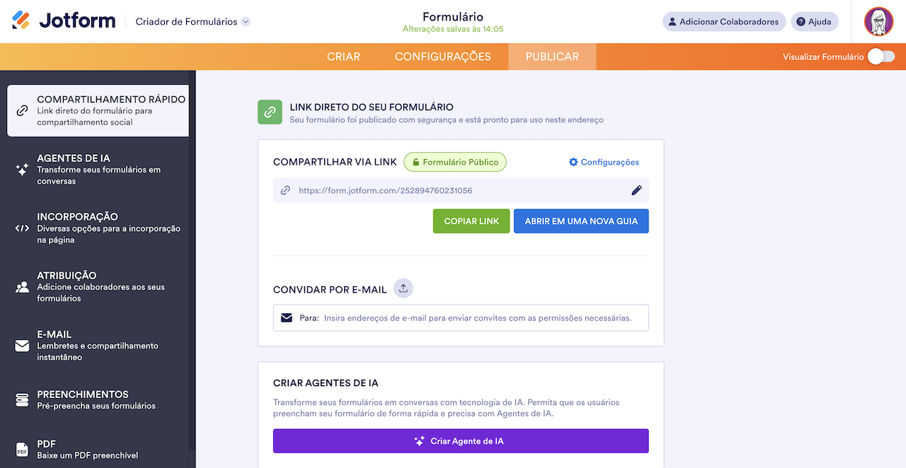 Aba Publicar no Criador de Formulários Jotform