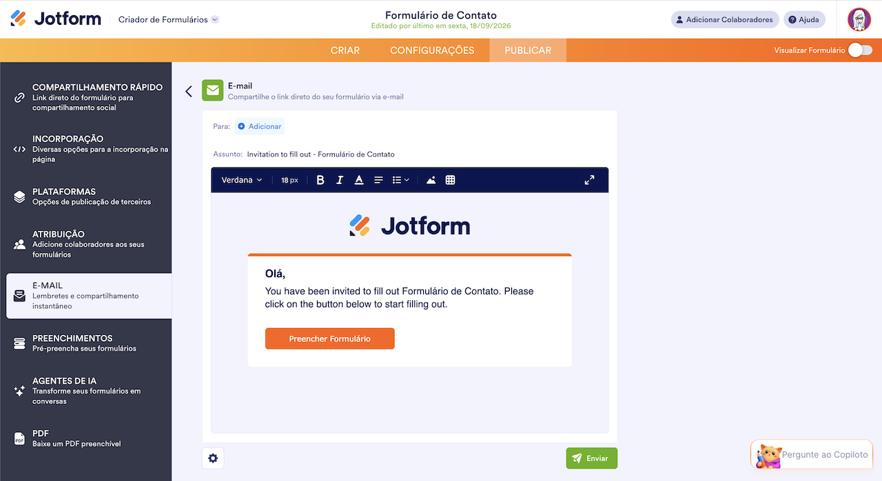 Página de envio por e-mail do Jotform, com o editor de mensagem exibindo o convite para preencher o formulário e o botão "Enviar" destacado na parte inferior