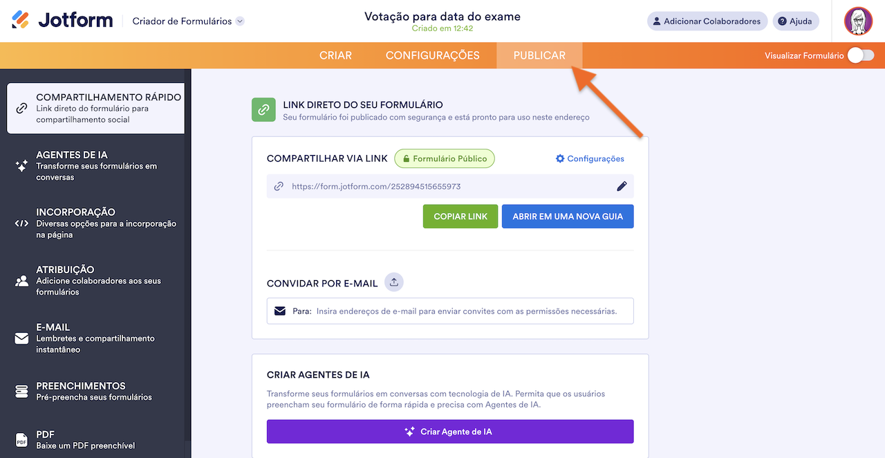 Opções de publicação da Jotform mostrando um link direto para compartilhar o formulário