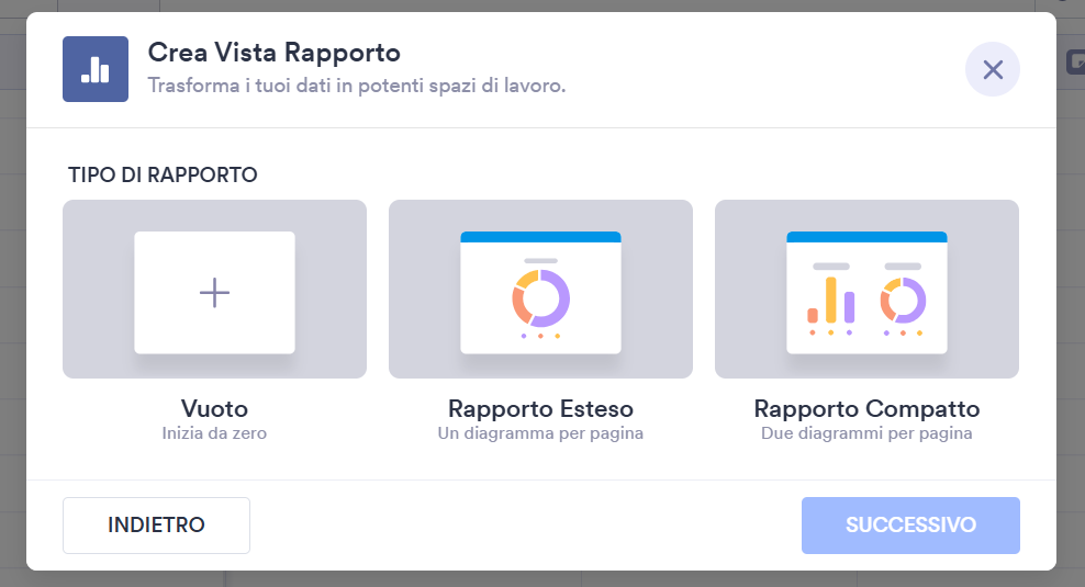 Finestra per la selezione del tipo di Report Jotform