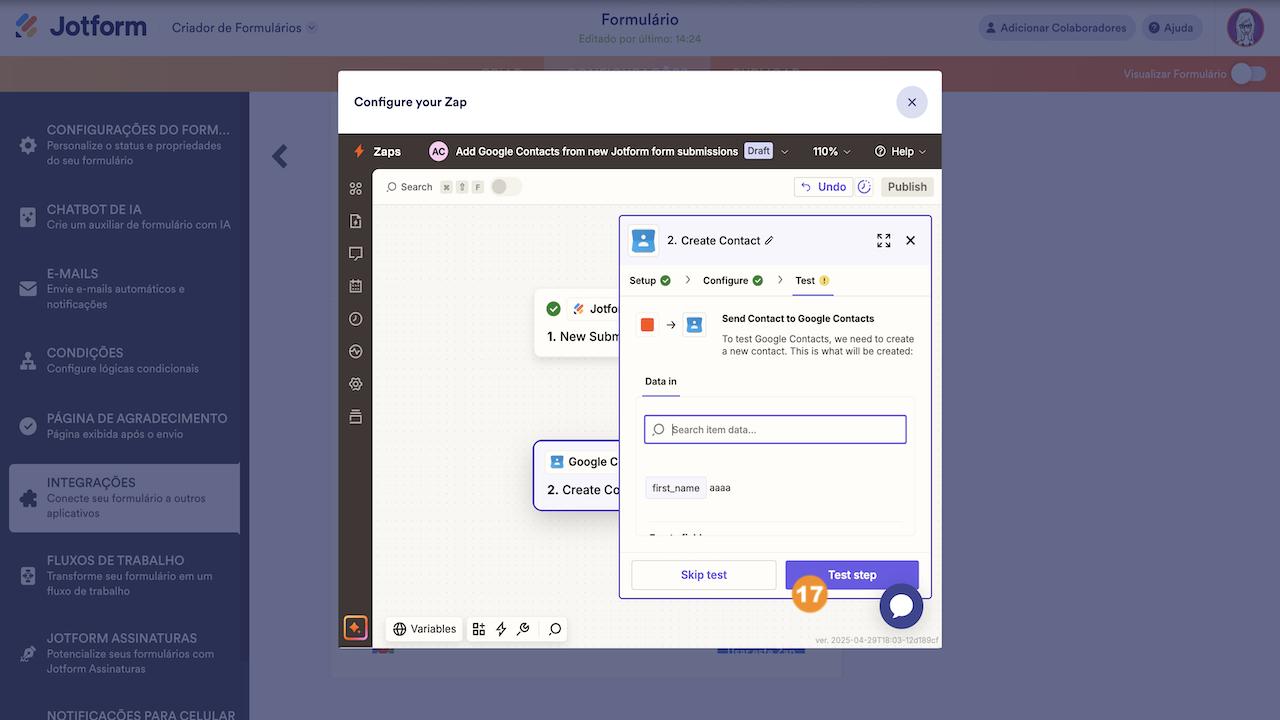 Testando o gatilho do Zap