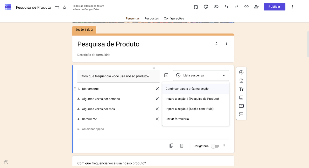 Menu de destino de seção do Formulários Google, exibindo opções para direcionar o respondente para a próxima seção, outra seção específica ou enviar o formulário