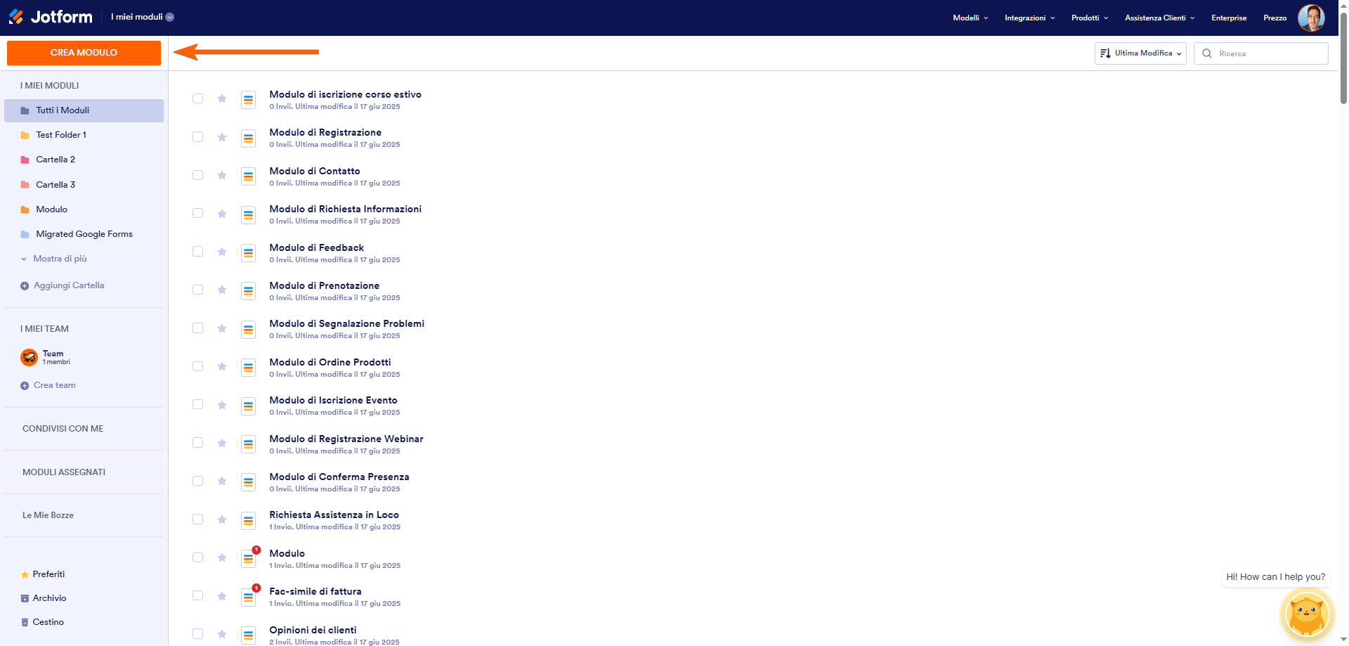 Screenshot della pagina I Miei Moduli di Jotform con il pulsante Crea Modulo evidenziato