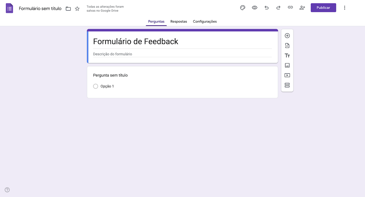 Captura de tela do criador de formulários do Formulários Google