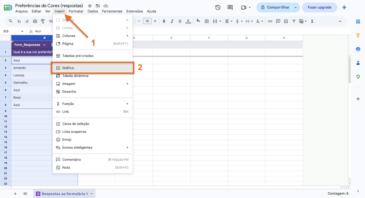 Selecione os dados da resposta e acesse Inserir > Gráfico