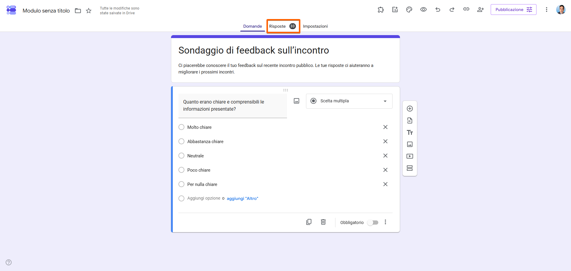 Interfaccia di Moduli Google con la scheda «Risposte» evidenziata, che indica dove visualizzare le risposte raccolte