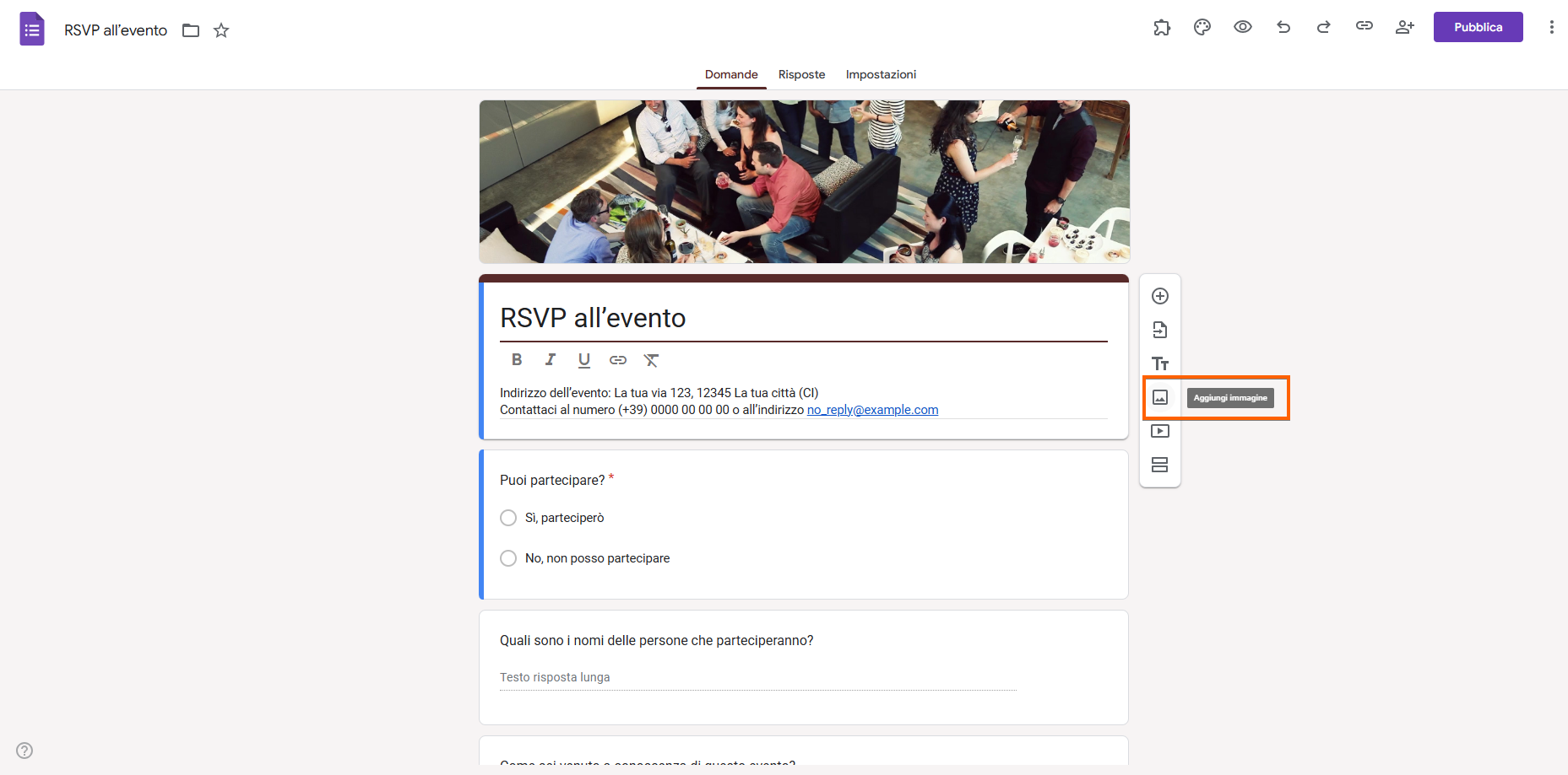 Modulo RSVP all'Evento in Google Forms Cliccando sull'Icona Aggiungi Immagine
