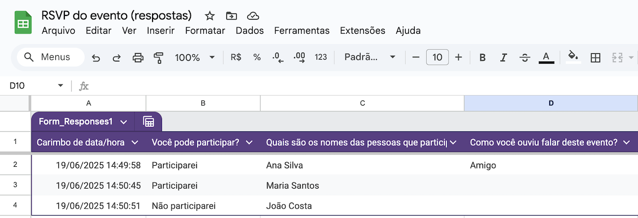 Captura de tela do Planilhas Google com dados importados do formulário do Google