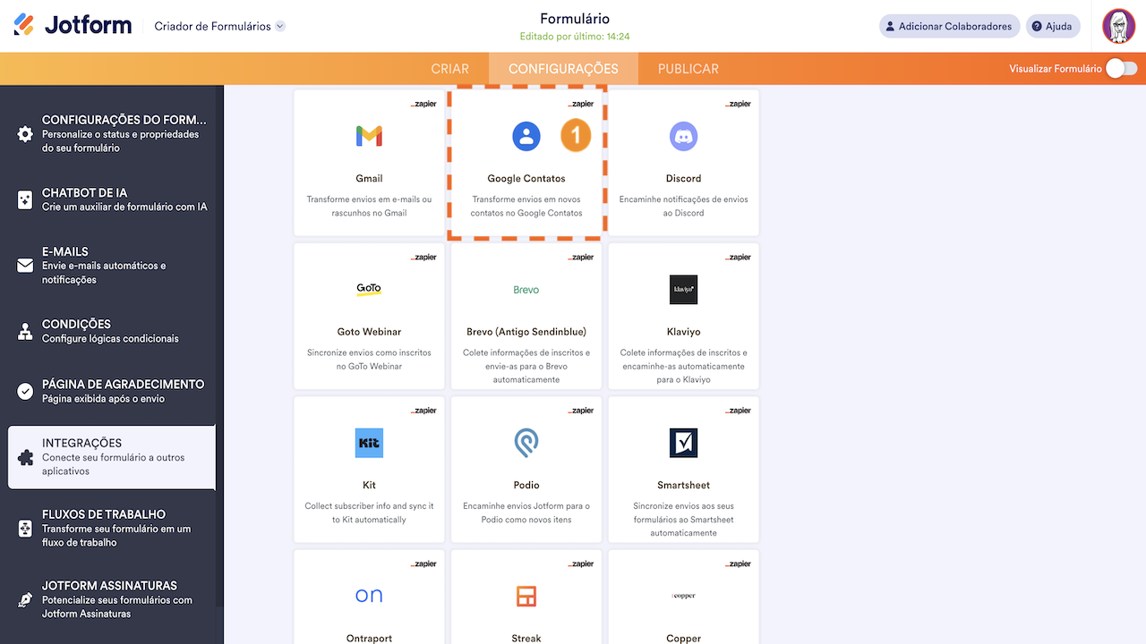 Selecione a integração ao Google Contatos