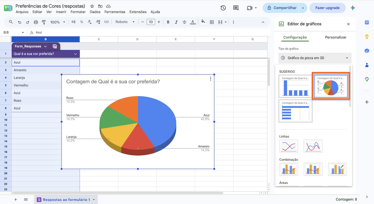 No Editor de gráficos, escolha o tipo de gráfico que deseja usar para visualizar as respostas