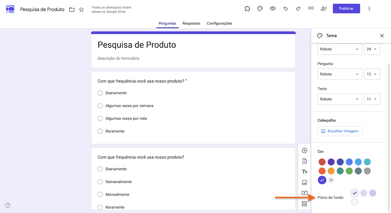 Painel de tema do Formulários Google com opções de fonte, cores e plano de fundo, com a opção "Plano de fundo" destacada