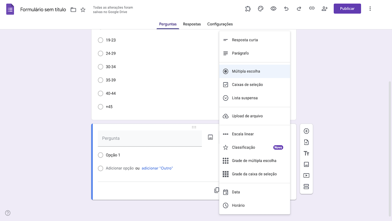 Interface de pesquisa com uma pergunta de múltipla escolha sobre idade e várias opções de tipos de pergunta ao lado