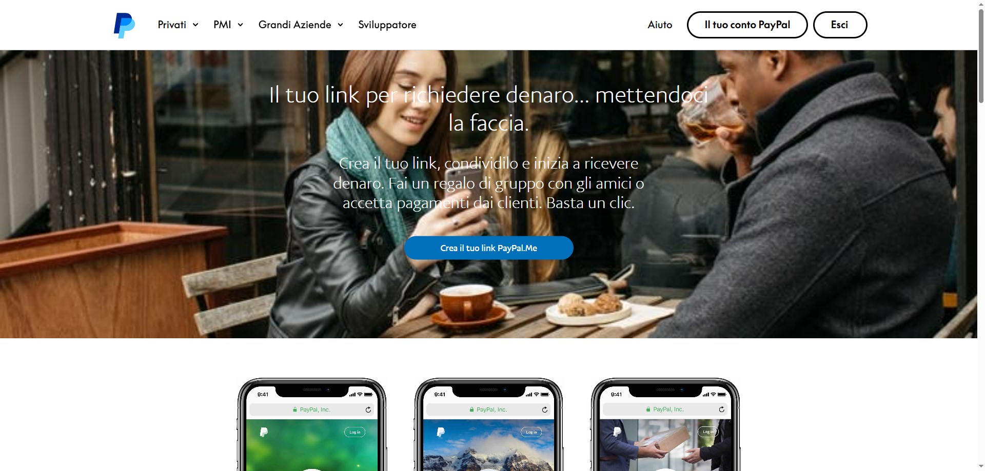 Landing page del sito web di PayPal
