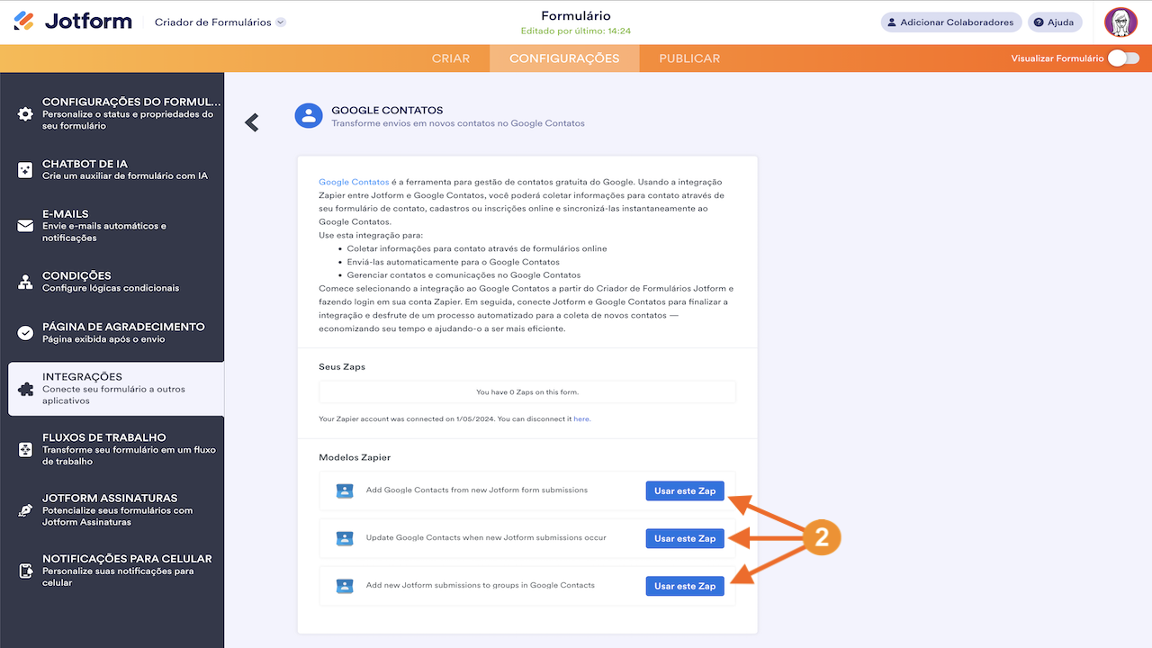 Zaps disponíveis na integração