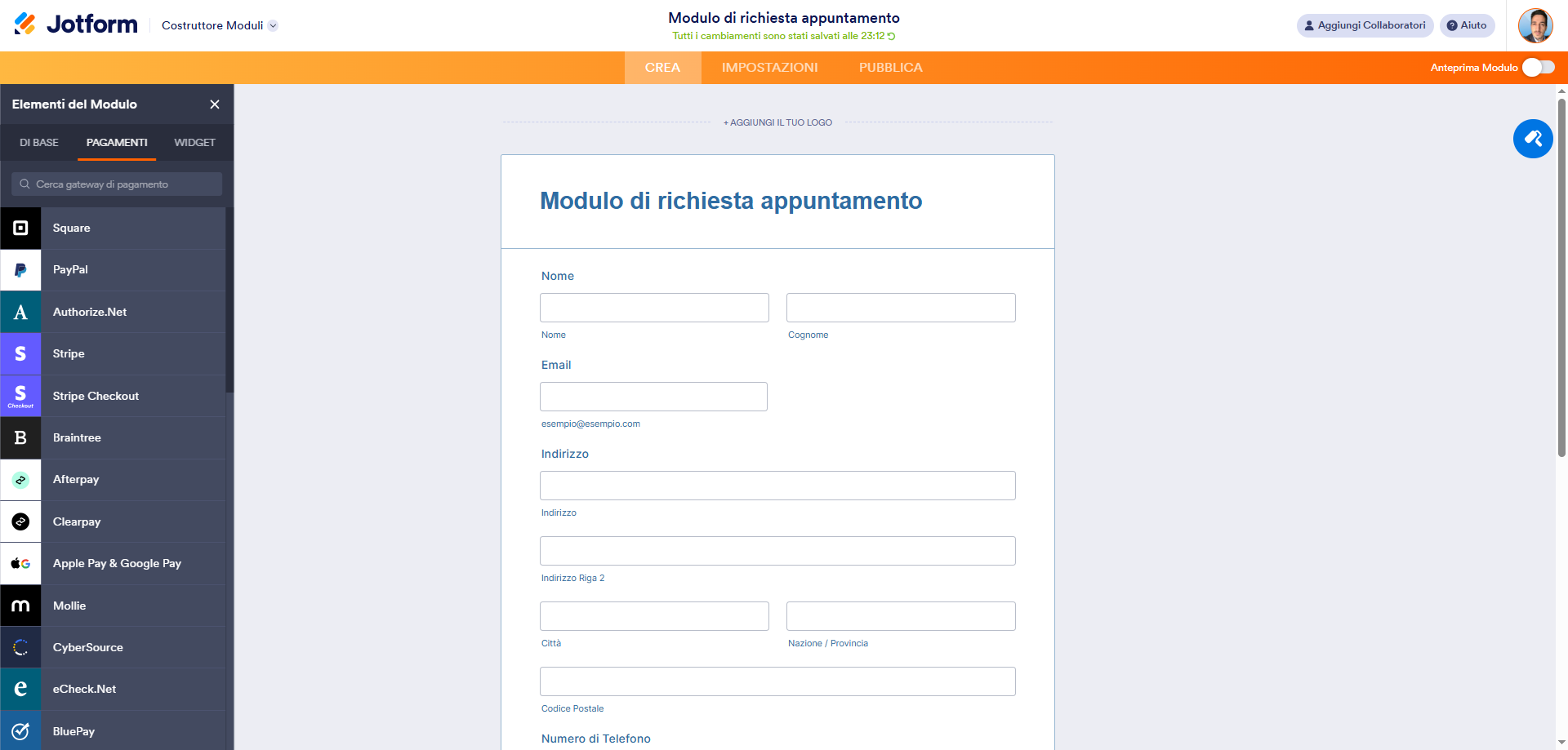 Screenshot della scheda Pagamenti nel Costruttore di Moduli di Jotform