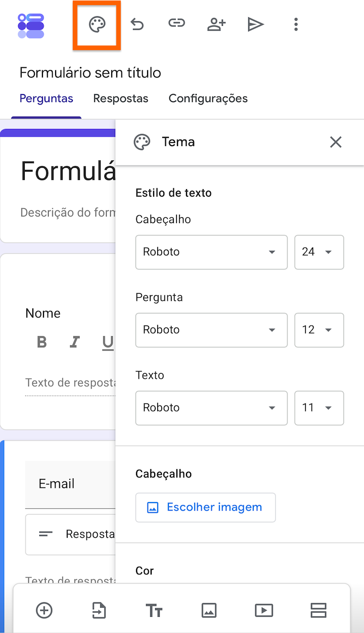 Aplicativo do Formulários Google no iPhone mostrando a interface do criador de formulários para inserir campos de informações de contato