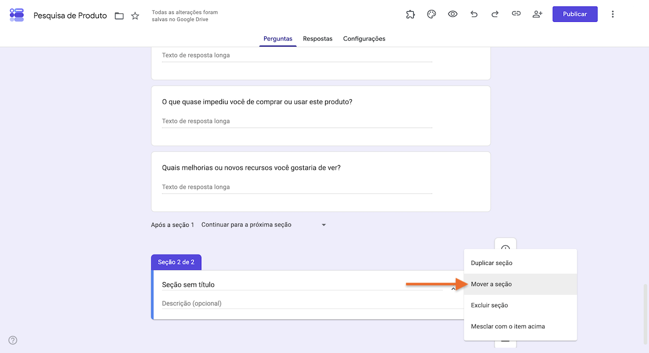 Menu de opções de uma seção do Formulários Google aberto, com a opção "Mover a seção" destacada