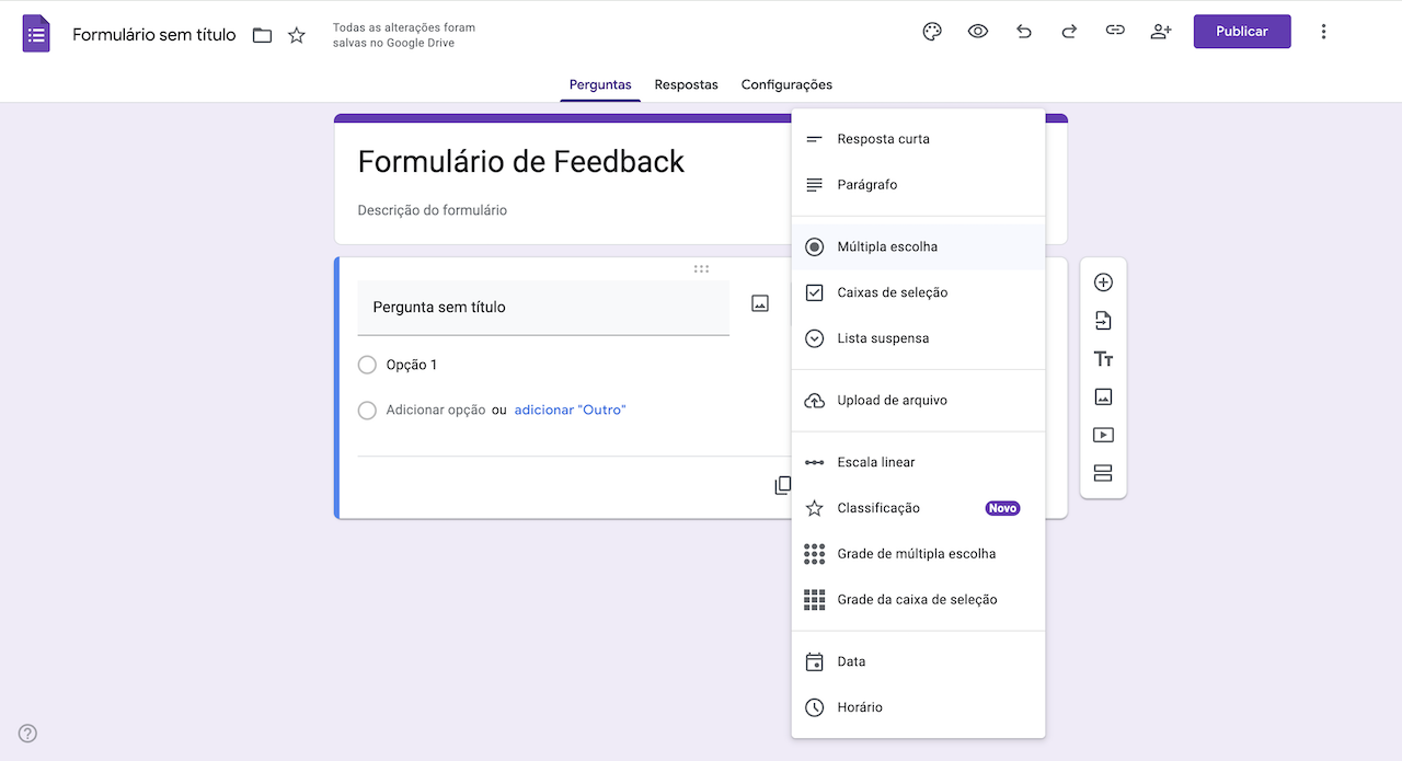 Captura de tela do menu suspenso de tipo de pergunta do Formulários Google