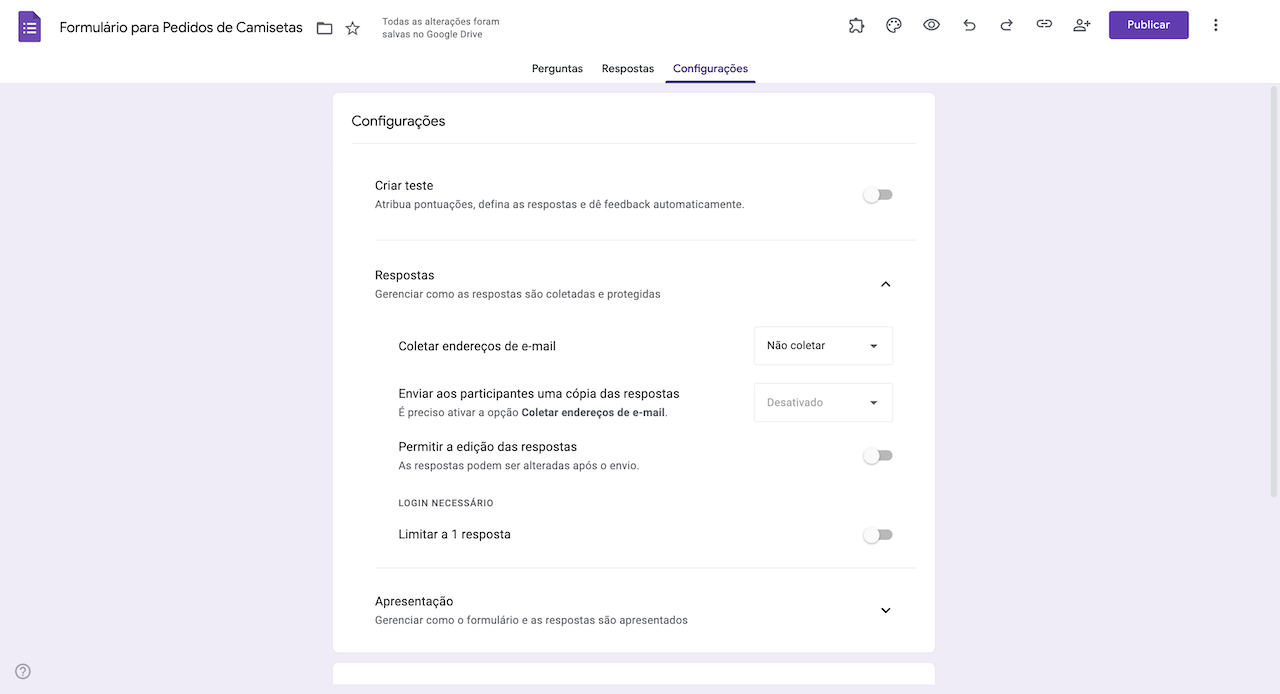 Opções da aba de Configurações no Formulários Google