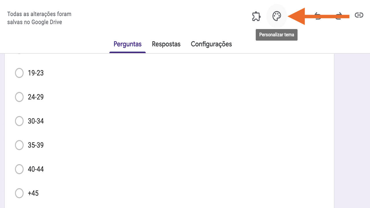 Editor de formulários online mostrando pergunta sobre faixa etária e com opções de personalização de tema