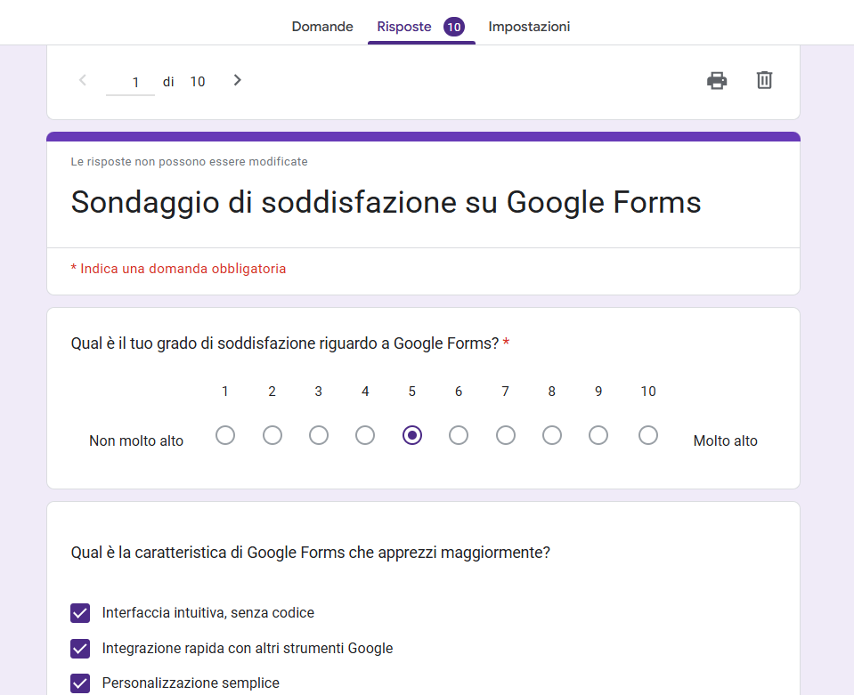 Visualizzazione della scheda Individuali che si trova all'interno della scheda Risposte su Google Forms