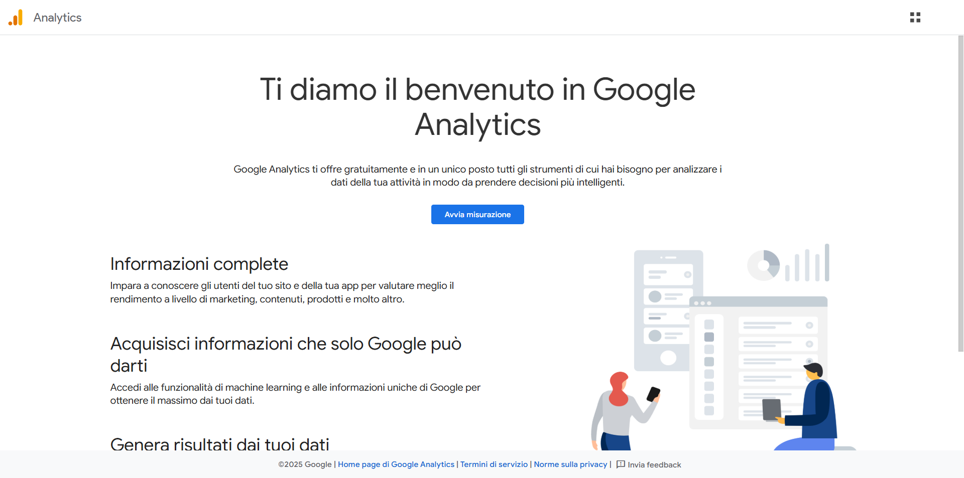 Screenshot della pagina iniziale di Google Analitycs, che mostra il pulsante Avvia misurazione