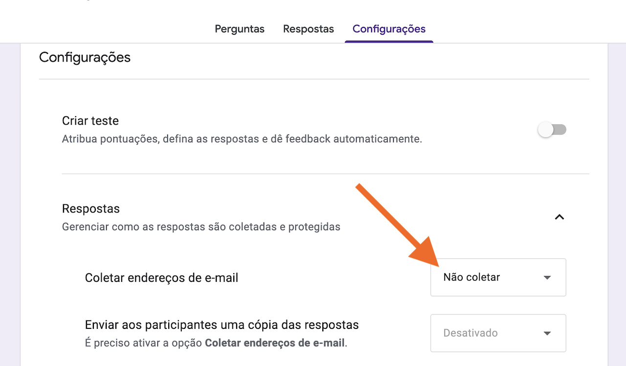 Menu de configurações do formulário mostrando opções para criar teste, coleta de respostas e coleta de endereços de e-mail com alternâncias de configurações