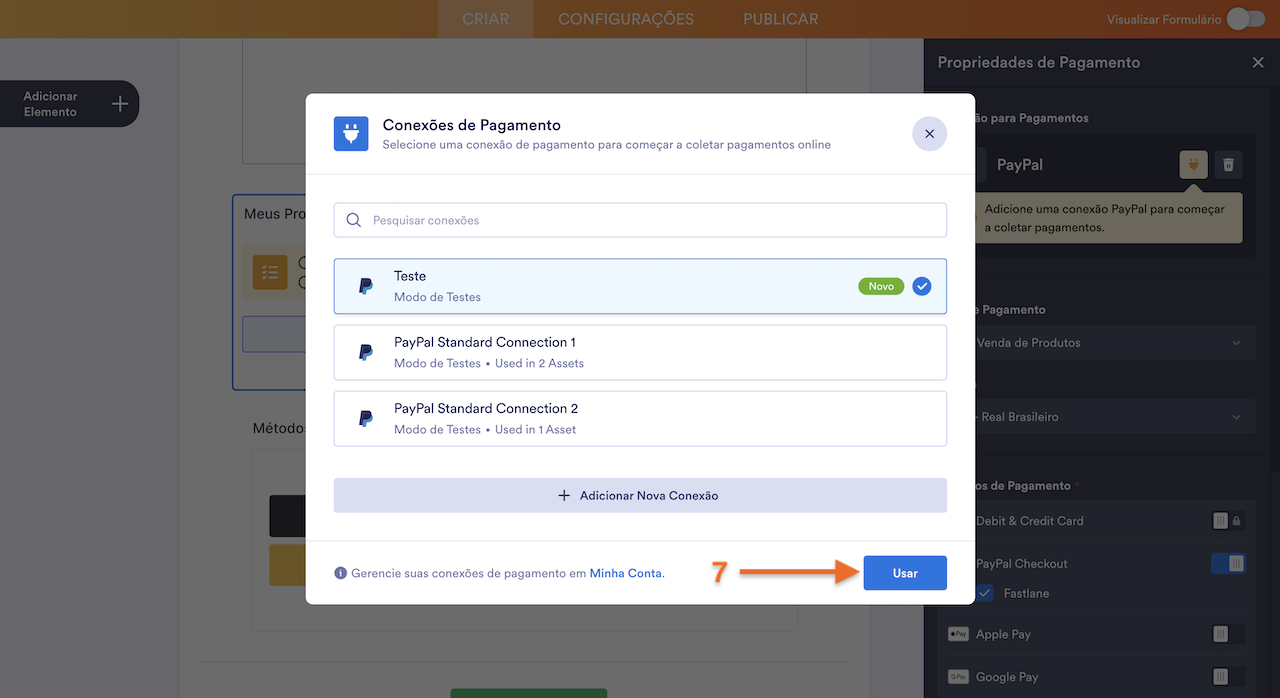 Selecionando e usando a nova Conexão de Pagamento
