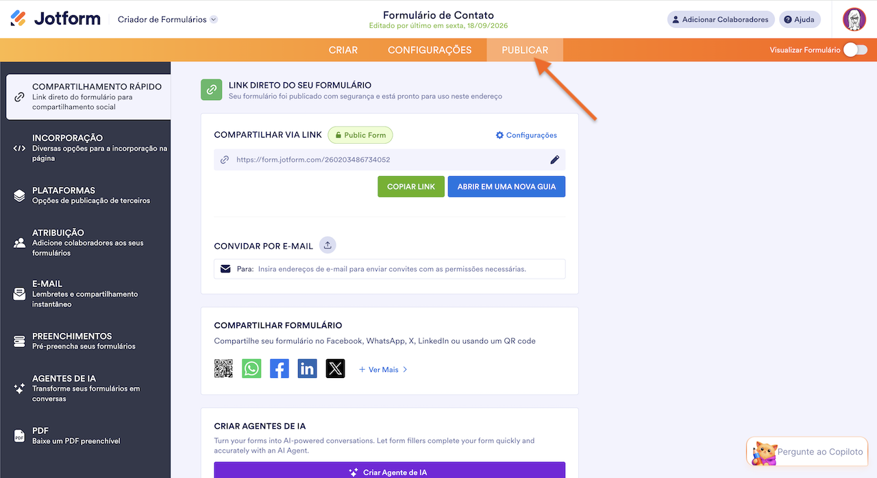 Página "Publicar" da Jotform, com a aba destacada e opções para compartilhar o formulário por link, e-mail e redes sociais