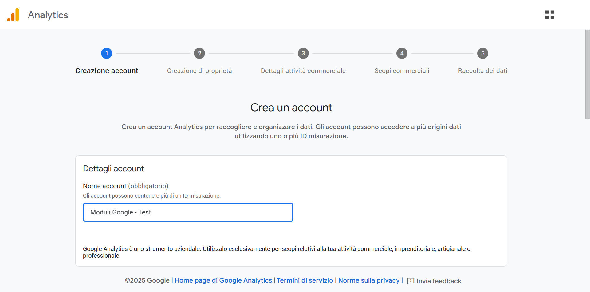 Screenshot della sezione Creazione Account su Google Analytics