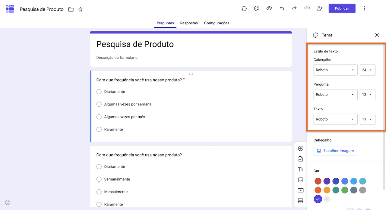 Painel de tema do Formulários Google com as opções de estilo de texto destacadas, incluindo fonte e tamanho para cabeçalho, perguntas e texto