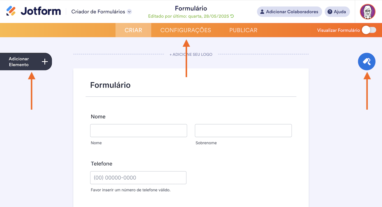 Captura de tela do Criador de Formulários Jotform com setas apontando para o botão Adicionar Elemento, o botão Designer de Formulários e a aba Configurações