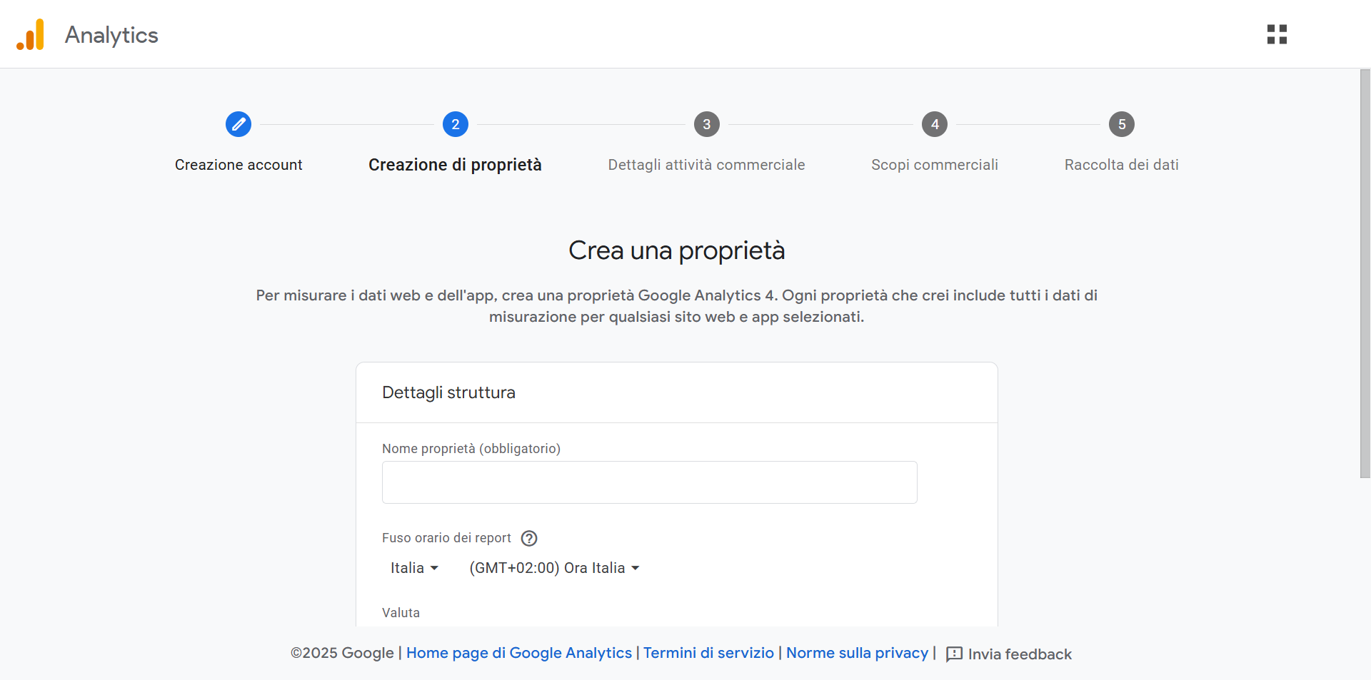 Screenshot che mostra la sezione Creazione di proprietà nella pagina di configurazione di Google Analytics