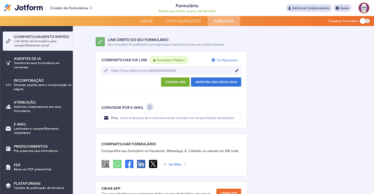 Captura de tela das opções de compartilhamento e publicação de formulários Jotform