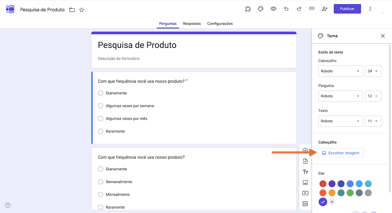 Painel de tema do Formulários Google com a opção "Escolher imagem" do cabeçalho destacada