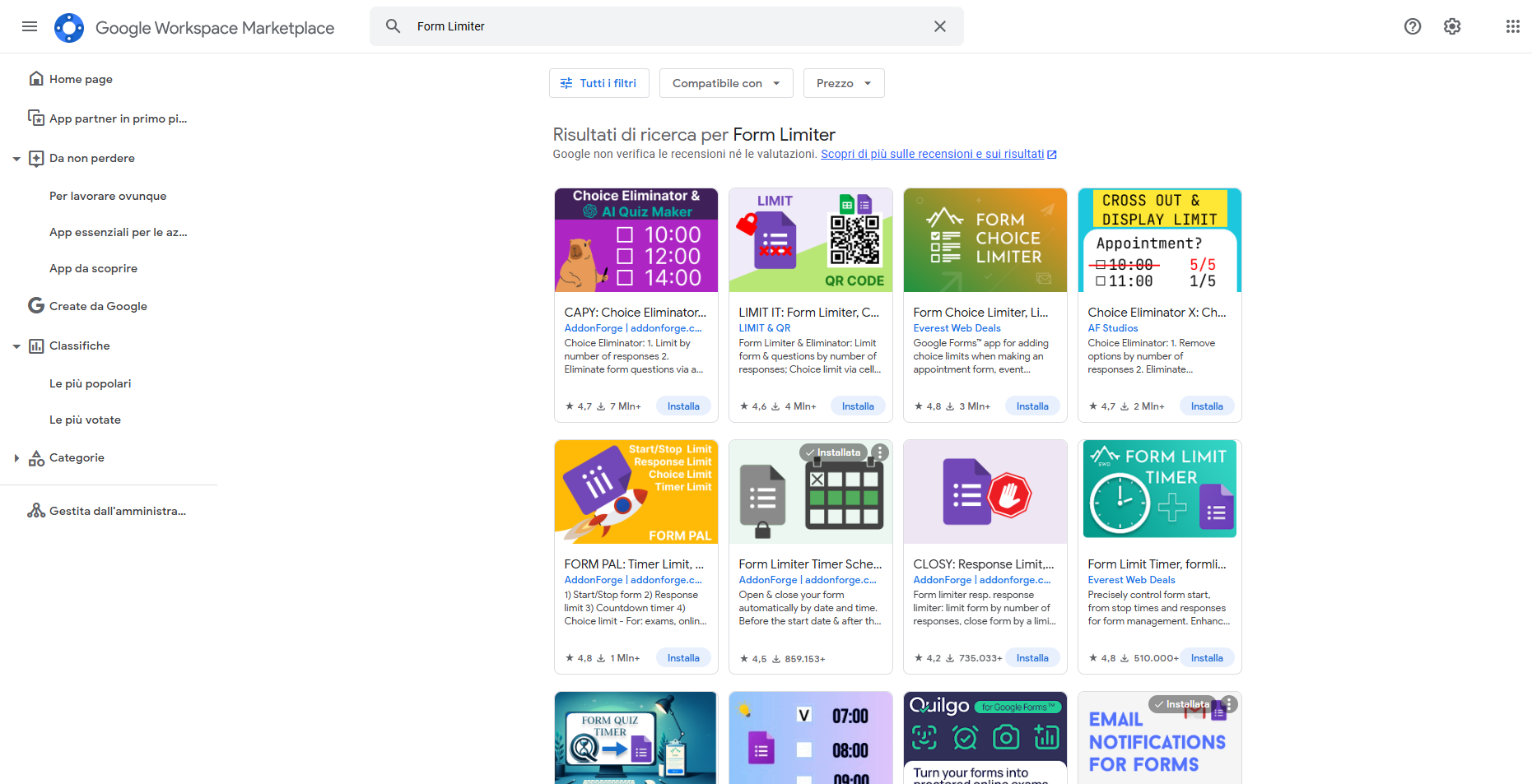 Screenshot della pagina dei risultati di ricerca per la frase "form limiter" nel Marketplace di Google Workspace