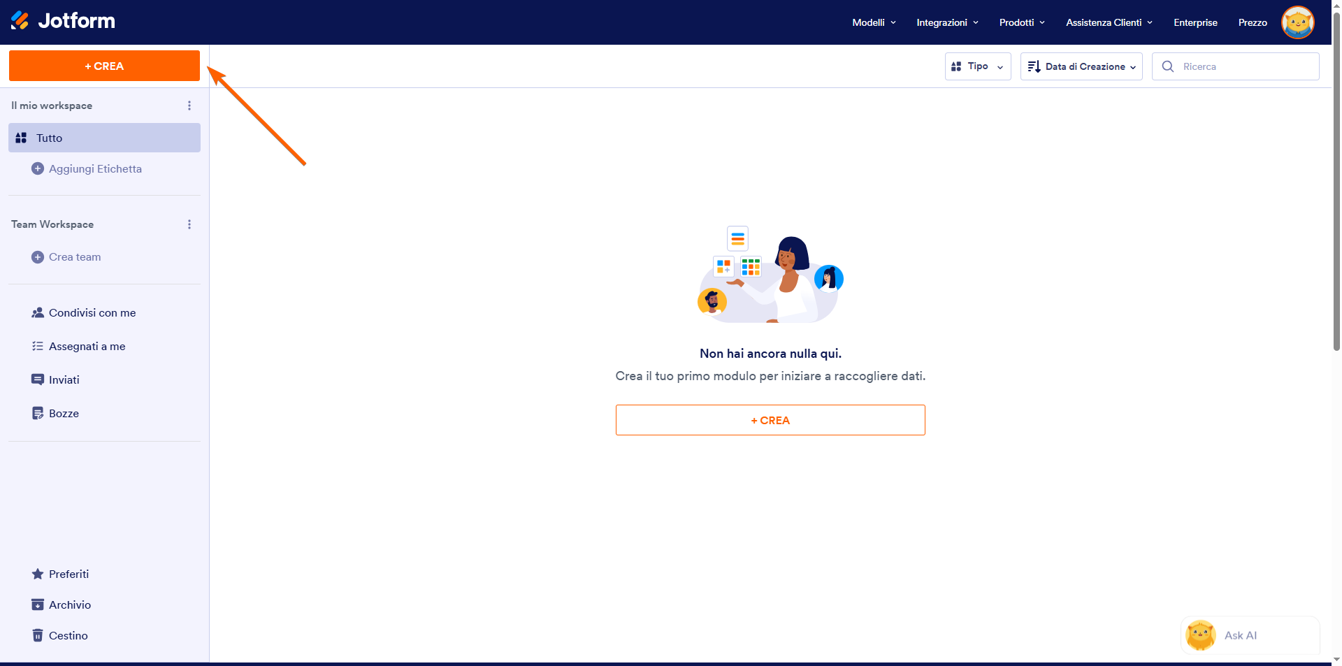 Screenshot del Workspace di Jotform, con una freccia che punta al pulsante Crea