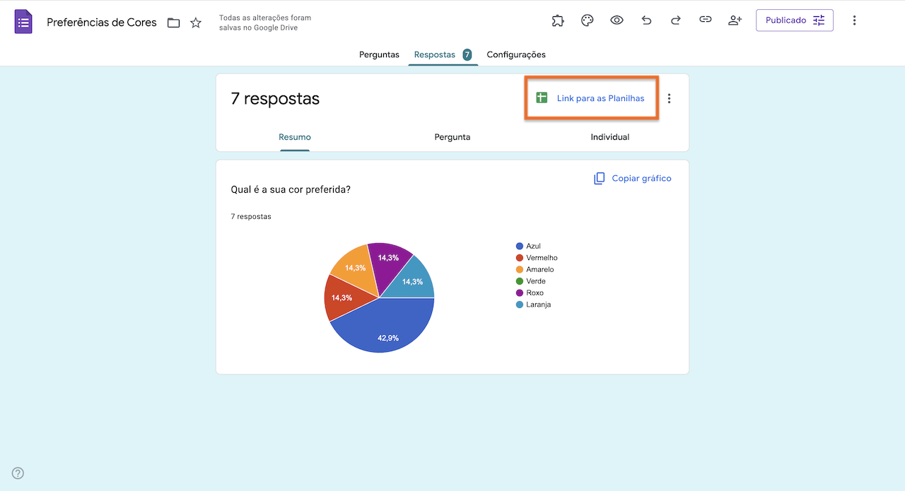 Captura de tela da aba Respostas no Formulários Google clicando em ink para as Planilhas