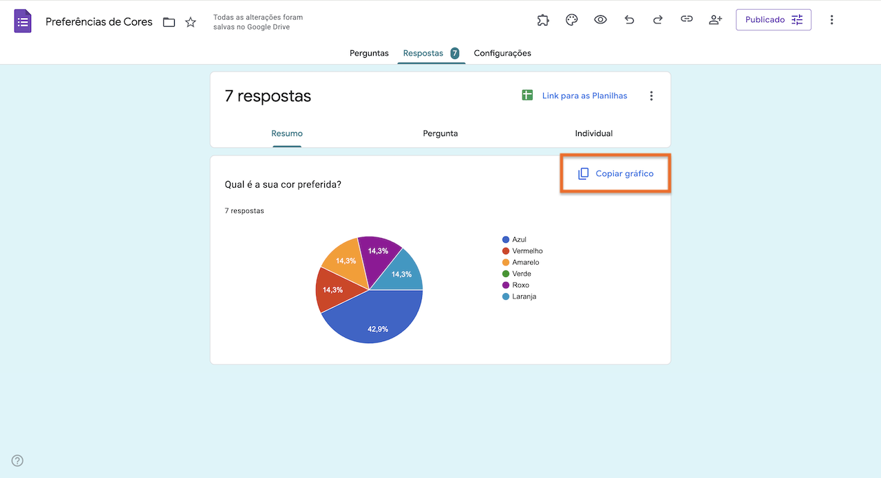 Clique em "Copiar gráfico" para copiar o gráfico de respostas e usá-lo em outro lugar