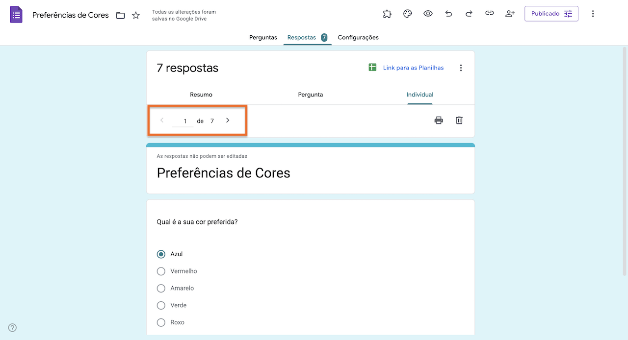 Captura de tela do Formulários Google clicando em Respostas e visualizando a aba Individual